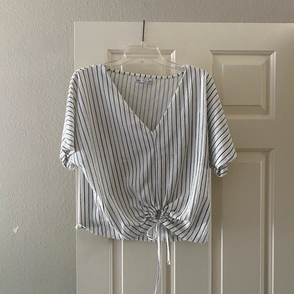 Zara tie front black and white stripe blouse
